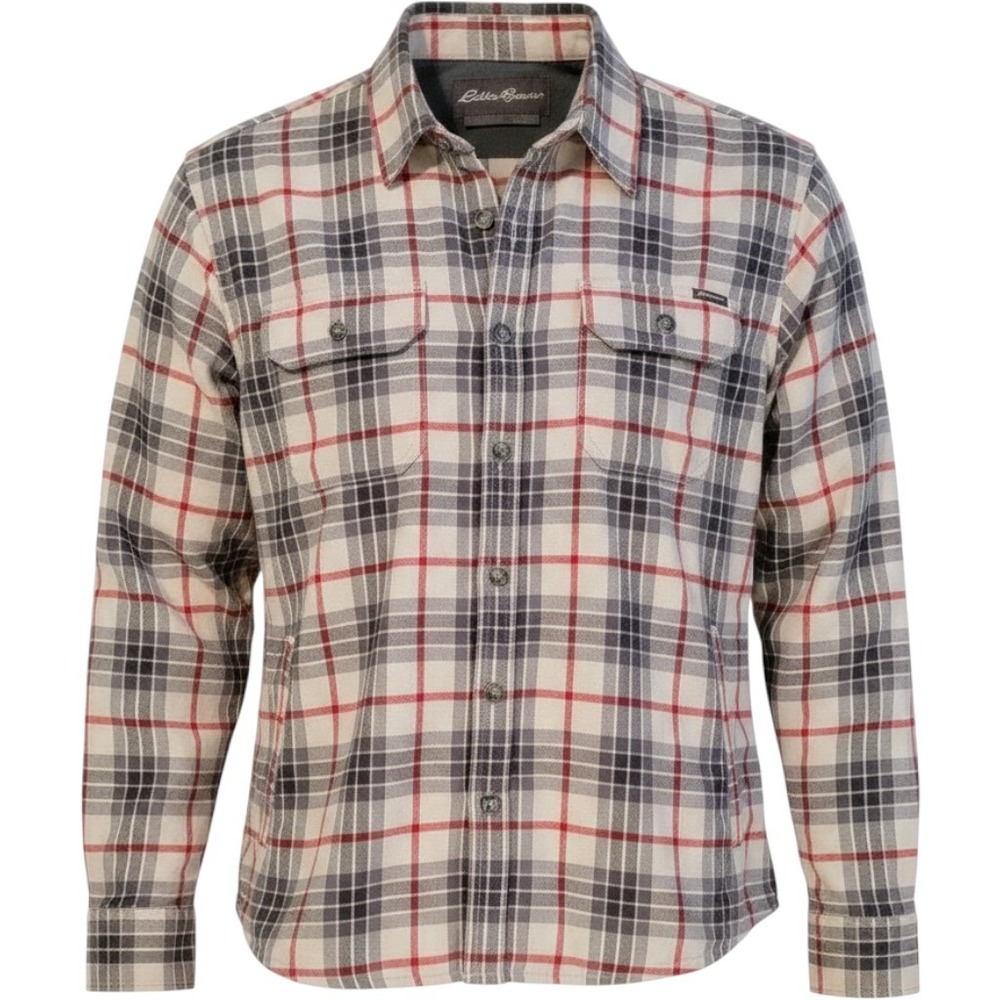 Eddie Bauer Mens Flannel Lined Shirt Jacket Plaid Red Gray XL